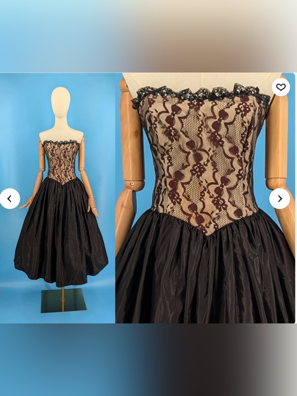 Gunne Sax Strapless Black Skirt Dress with Beige and Burgundy Lace Bodice
